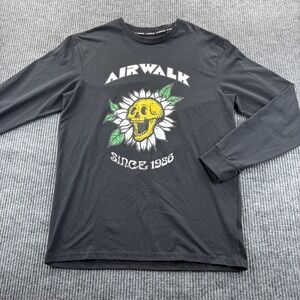Airwalk Shirt Mens Medium Black Long Sleeve Skull Sunflower‎ Graphic Skate